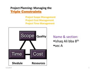 Project Scope Management
Project Cost Management
Project Time Management
Name & section:
Ishaq Ali bba 8th
sec A
5/1/2014 1
Project Planning: Managing the
Triple Constraints
Quality
ResourcesShedule
 