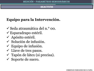 MEDICIÓN – PARAMETROS HEMODINÁMICOS

                       reactivos




Equipo para la Intervención.

 Seda atraumática del n.° 00.
 Esparadrapo estéril.
 Apósito estéril.
 Solución de infusión.
 Equipo de infusión.
 Llave de tres pasos.
 Tapón de látex (si precisa).
 Soporte de suero.

                                          CHRISTIAN FERNANDO SILVA TAPIA
 