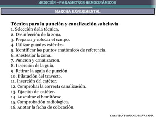 MEDICIÓN – PARAMETROS HEMODINÁMICOS

                    Marcha experimental


Técnica para la punción y canalización subclavia
1. Selección de la técnica.
2. Desinfección de la zona.
3. Preparar y colocar el campo.
4. Utilizar guantes estériles.
5. Identificar los puntos anatómicos de referencia.
6. Anestesiar la zona.
7. Punción y canalización.
8. Inserción de la guía.
9. Retirar la aguja de punción.
10. Dilatación del trayecto.
11. Inserción del catéter.
12. Comprobar la correcta canalización.
13. Fijación del catéter.
14. Auscultar el hemitórax.
15. Comprobación radiológica.
16. Anotar la fecha de colocación.
                                               CHRISTIAN FERNANDO SILVA TAPIA
 