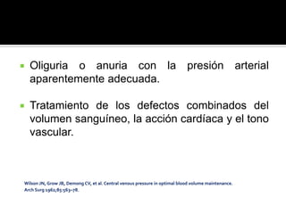  Oliguria o anuria con la presión arterial
aparentemente adecuada.
 Tratamiento de los defectos combinados del
volumen sanguíneo, la acción cardíaca y el tono
vascular.
Wilson JN, Grow JB, Demong CV, et al. Central venous pressure in optimal blood volume maintenance.
Arch Surg 1962;85:563–78.
 