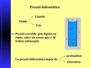 Pressió hidrostàtica Fluids Líquids Gas Pressió exercida  pels líquids en repòs, sobre els cossos que s´ hi troben submergits La pressió hidrostàtica depèn de profunditat naturalesa 