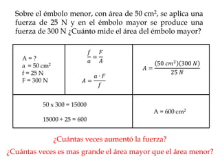 Sobre el émbolo menor, con área de 50 cm2, se aplica una
  fuerza de 25 N y en el émbolo mayor se produce una
  fuerza de 300 N ¿Cuánto mide el área del émbolo mayor?


    A=?
    a = 50 cm2
    f = 25 N
    F = 300 N


           50 x 300 = 15000
                                              A = 600 cm2
           15000 ÷ 25 = 600


                 ¿Cuántas veces aumentó la fuerza?
¿Cuántas veces es mas grande el área mayor que el área menor?
 