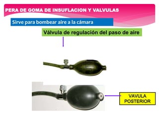 PERA DE GOMA DE INSUFLACION Y VALVULAS
VAVULA
POSTERIOR
Sirve para bombear aire a la cámara
Válvula de regulación del paso de aire
 