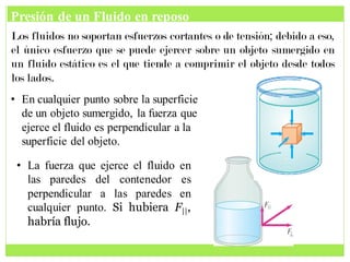 Los fluidos no soportan esfuerzos cortantes o de tensión; debido a eso,
el único esfuerzo que se puede ejercer sobre un objeto sumergido en
un fluido estático es el que tiende a comprimir el objeto desde todos
los lados.
• En cualquier punto sobre la superficie
de un objeto sumergido, la fuerza que
ejerce el fluido es perpendicular a la
superficie del objeto.
• La fuerza que ejerce el fluido en
las paredes del contenedor es
perpendicular a las paredes en
cualquier punto. Si hubiera F||,
habría flujo.
Presión de un Fluido en reposo
 