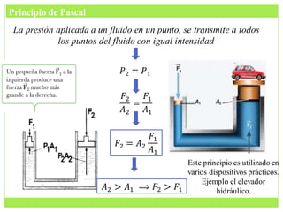 𝑃2 = 𝑃1
𝐹2
𝐴2
=
𝐹1
𝐴1
𝐹2 = 𝐴2
𝐹1
𝐴1
Este principio es utilizado en
varios dispositivos prácticos.
Ejemplo el elevador
hidráulico.
La presión aplicada a un fluido en un punto, se transmite a todos
los puntos del fluido con igual intensidad
Principio de Pascal
𝐴2 > 𝐴1 ⟹ 𝐹2 > 𝐹1
 
