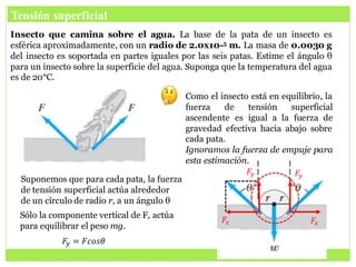 Insecto que camina sobre el agua. La base de la pata de un insecto es
esférica aproximadamente, con un radio de 2.0x10-5 m. La masa de 0.0030 g
del insecto es soportada en partes iguales por las seis patas. Estime el ángulo θ
para un insecto sobre la superficie del agua. Suponga que la temperatura del agua
es de 20°C.
Tensión superficial
Como el insecto está en equilibrio, la
fuerza de tensión superficial
ascendente es igual a la fuerza de
gravedad efectiva hacia abajo sobre
cada pata.
Ignoramos la fuerza de empuje para
esta estimación.
Suponemos que para cada pata, la fuerza
de tensión superficial actúa alrededor
de un círculo de radio r, a un ángulo θ
Sólo la componente vertical de F, actúa
para equilibrar el peso mg.
𝐹𝑦 = 𝐹𝑐𝑜𝑠𝜃
𝐹𝑦 𝐹𝑦
𝐹𝑥 𝐹𝑥
 