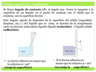  Si la fuerza adhesiva en
menor que la cohesiva f > 90º
(no moja la superficie)
 La fuerza adhesiva es mayor que
la cohesiva f < 90º
(moja la superficie)
Tensión superficial y Capilaridad
Este ángulo, aparte de depender de la superficie del sólido (rugosidad,
limpieza, etc.) y del líquido que se trate, es función de la competencia
entre las fuerzas moleculares líquido-líquido (cohesión) y líquido-sólido
(adhesión).
Se llama ángulo de contacto (Φ), al ángulo que forma la tangente a la
superficie de un líquido en el punto de contacto con el sólido que lo
contiene, con la superficie de éste.
 
