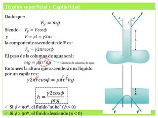 Tensión superficial y Capilaridad
Dado que:
𝐹𝑦 = 𝑚𝑔
Siendo 𝐹𝑦 = 𝐹𝑐𝑜𝑠𝜙
y 𝐹 = 𝛾𝑙 = 𝛾2𝜋𝑟
la componenteascendentede F es:
𝐹𝑦 = 𝛾2𝜋𝑟𝑐𝑜𝑠𝜙
El peso de la columna de agua será:
𝑚𝑔 = 𝜌𝜋𝑟2𝑕𝑔 volumen de columna de agua
Entonces la altura que ascenderá una líquido
por un capilar es:
𝛾2𝜋𝑟𝑐𝑜𝑠𝜙 = 𝜌𝜋𝑟2
𝑕𝑔
𝑕 =
𝛾2𝑐𝑜𝑠𝜙
𝜌𝑟𝑔
 Si f < 90º, el fluido “sube” (h > 0)
 Si f > 90º, el fluido desciende(h < 0)
 