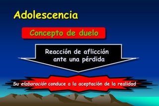 Adolescencia
       Concepto de duelo

             Reacción de aflicción
               ante una pérdida


Su elaboración conduce a la aceptación de la realidad
 
