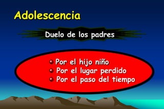 Adolescencia
     Duelo de los padres


       Por el hijo niño
       Por el lugar perdido
       Por el paso del tiempo
 