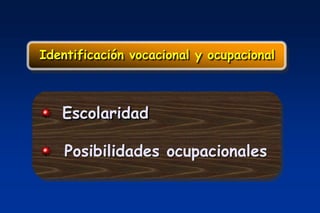 Identificación vocacional y ocupacional



   Escolaridad

    Posibilidades ocupacionales
 