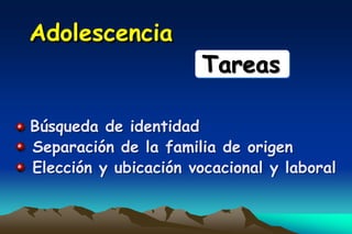 Adolescencia
                       Tareas

Búsqueda de identidad
Separación de la familia de origen
Elección y ubicación vocacional y laboral
 