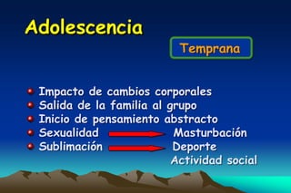 Adolescencia
                           Temprana


 Impacto de cambios corporales
 Salida de la familia al grupo
 Inicio de pensamiento abstracto
 Sexualidad               Masturbación
 Sublimación              Deporte
                          Actividad social
 