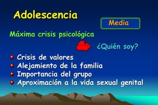 Adolescencia
                               Media
Máxima crisis psicológica
                            ¿Quién soy?
  Crisis de valores
  Alejamiento de la familia
  Importancia del grupo
  Aproximación a la vida sexual genital
 