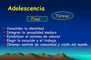 Adolescencia
                            Tareas
              Final

Consolidar la identidad
Integrar la sexualidad madura
Estabilizar el sistema de valores
Elegir la vocación y el trabajo
Obtener sentido de comunidad y visión del mundo
 