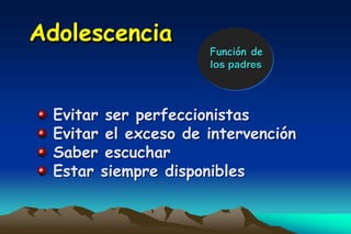 Adolescencia
                      Función de
                      los padres



  Evitar ser perfeccionistas
  Evitar el exceso de intervención
  Saber escuchar
  Estar siempre disponibles
 