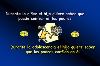 Durante la niñez el hijo quiere saber que
      puede confiar en los padres




  Durante la adolescencia el hijo quiere saber
         que los padres confían en él
 