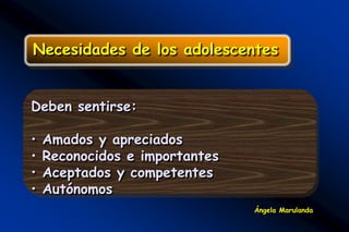 Necesidades de los adolescentes


Deben sentirse:

•   Amados y apreciados
•   Reconocidos e importantes
•   Aceptados y competentes
•   Autónomos
                                Ángela Marulanda
 