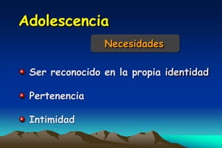 Adolescencia
                Necesidades

 Ser reconocido en la propia identidad

 Pertenencia

 Intimidad
 