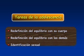 Tareas de la adolescencia


Redefinición del equilibrio con su cuerpo

Redefinición del equilibrio con los demás

Identificación sexual
 