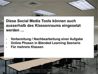 Vorteile
--------
Schriftlichkeit -> Export als PDF, Dokument zum Drucken
Weiterverwenden -> Einbinden in Blog, WebSite ect
Kein Login benötigt -> Studierende sind anonym, kein Tracking (Verweis auf Peters Vortrag
Einfach zu nutzen, intuitives UI
Nachteile
---------
Benötigt Online Zugang im Classroom
Teilnehmende benötigen Computer / Tablet
Diese Social Media Tools können auch
ausserhalb des Klassenraums eingesetzt
werden …
- Vorbereitung / Nachbearbeitung einer Aufgabe
- Online Phasen in Blended Learning Szenario
- Für mehrere Klassen
photo by Valley Library (Oregon State University) CC BY-NC-SA 2.0
https://www.flickr.com/photos/osuvalleylibrary/463492486
 