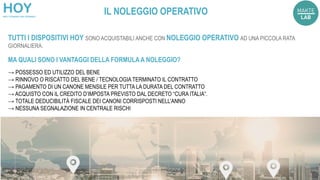 TUTTI I DISPOSITIVI HOY SONO ACQUISTABILI ANCHE CON NOLEGGIO OPERATIVO AD UNA PICCOLA RATA
GIORNALIERA.
MA QUALI SONO I VANTAGGI DELLA FORMULAA NOLEGGIO?
→ POSSESSO ED UTILIZZO DEL BENE
→ RINNOVO O RISCATTO DEL BENE / TECNOLOGIA TERMINATO IL CONTRATTO
→ PAGAMENTO DI UN CANONE MENSILE PER TUTTA LA DURATA DEL CONTRATTO
→ ACQUISTO CON IL CREDITO D’IMPOSTA PREVISTO DAL DECRETO “CURA ITALIA”.
→ TOTALE DEDUCIBILITÀ FISCALE DEI CANONI CORRISPOSTI NELL’ANNO
→ NESSUNA SEGNALAZIONE IN CENTRALE RISCHI
IL NOLEGGIO OPERATIVO
 