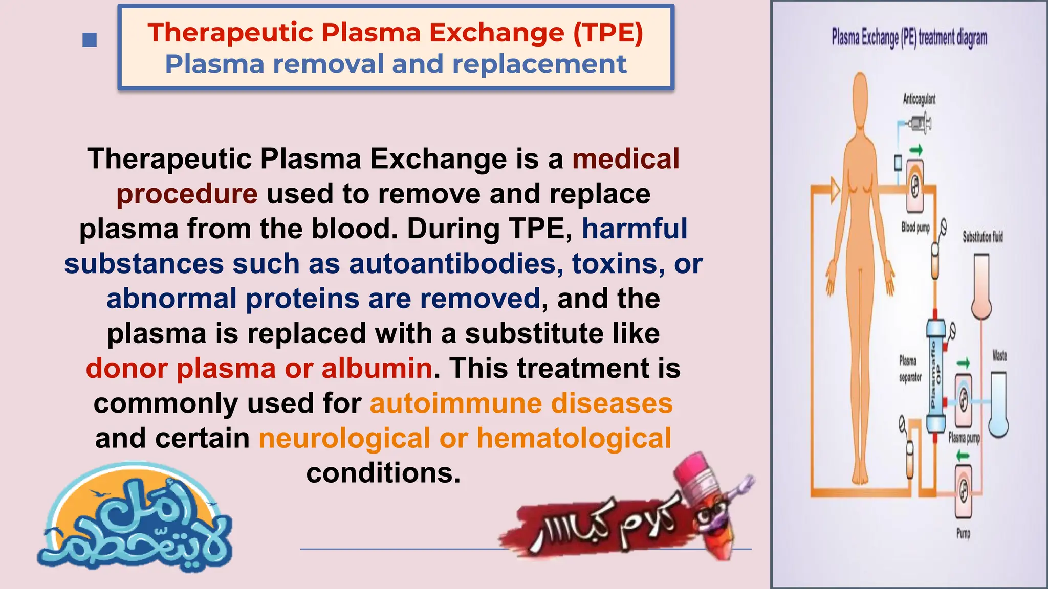 Therapeutic Plasma Exchange (TPE)
Plasma removal and replacement
Therapeutic Plasma Exchange is a medical
procedure used to remove and replace
plasma from the blood. During TPE, harmful
substances such as autoantibodies, toxins, or
abnormal proteins are removed, and the
plasma is replaced with a substitute like
donor plasma or albumin. This treatment is
commonly used for autoimmune diseases
and certain neurological or hematological
conditions.
 
