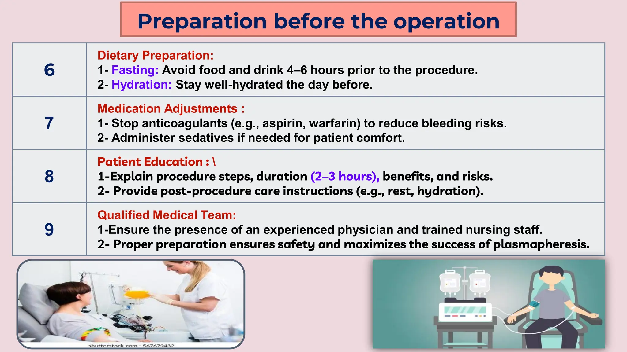 Preparation before the operation
6
Dietary Preparation:
1- Fasting: Avoid food and drink 4–6 hours prior to the procedure.
2- Hydration: Stay well-hydrated the day before.
7
Medication Adjustments :
1- Stop anticoagulants (e.g., aspirin, warfarin) to reduce bleeding risks.
2- Administer sedatives if needed for patient comfort.
8
Patient Education : 
1-Explain procedure steps, duration (2–3 hours), benefits, and risks.
2- Provide post-procedure care instructions (e.g., rest, hydration).
9
Qualified Medical Team:
1-Ensure the presence of an experienced physician and trained nursing staff.
2- Proper preparation ensures safety and maximizes the success of plasmapheresis.
 