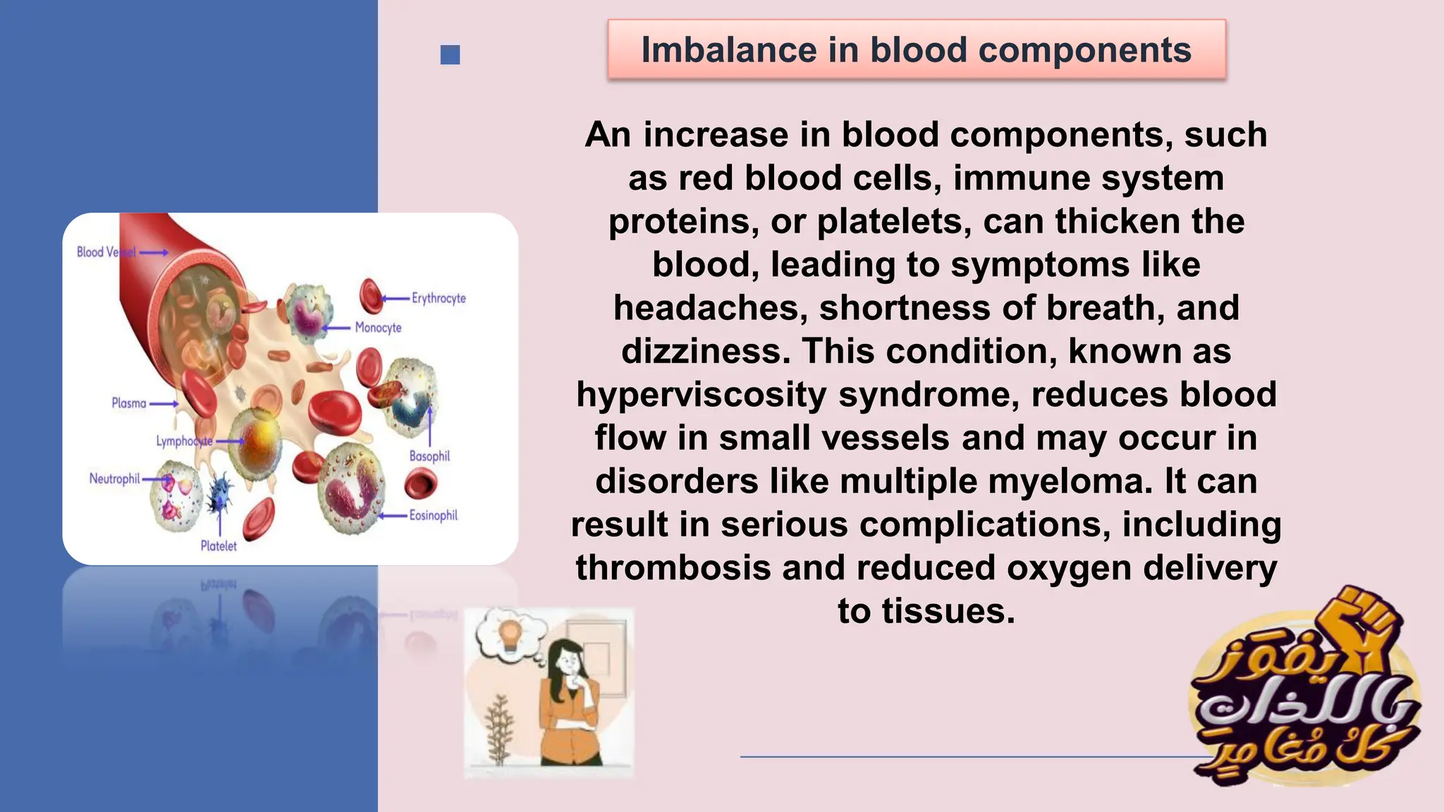 Imbalance in blood components
An increase in blood components, such
as red blood cells, immune system
proteins, or platelets, can thicken the
blood, leading to symptoms like
headaches, shortness of breath, and
dizziness. This condition, known as
hyperviscosity syndrome, reduces blood
flow in small vessels and may occur in
disorders like multiple myeloma. It can
result in serious complications, including
thrombosis and reduced oxygen delivery
to tissues.
 