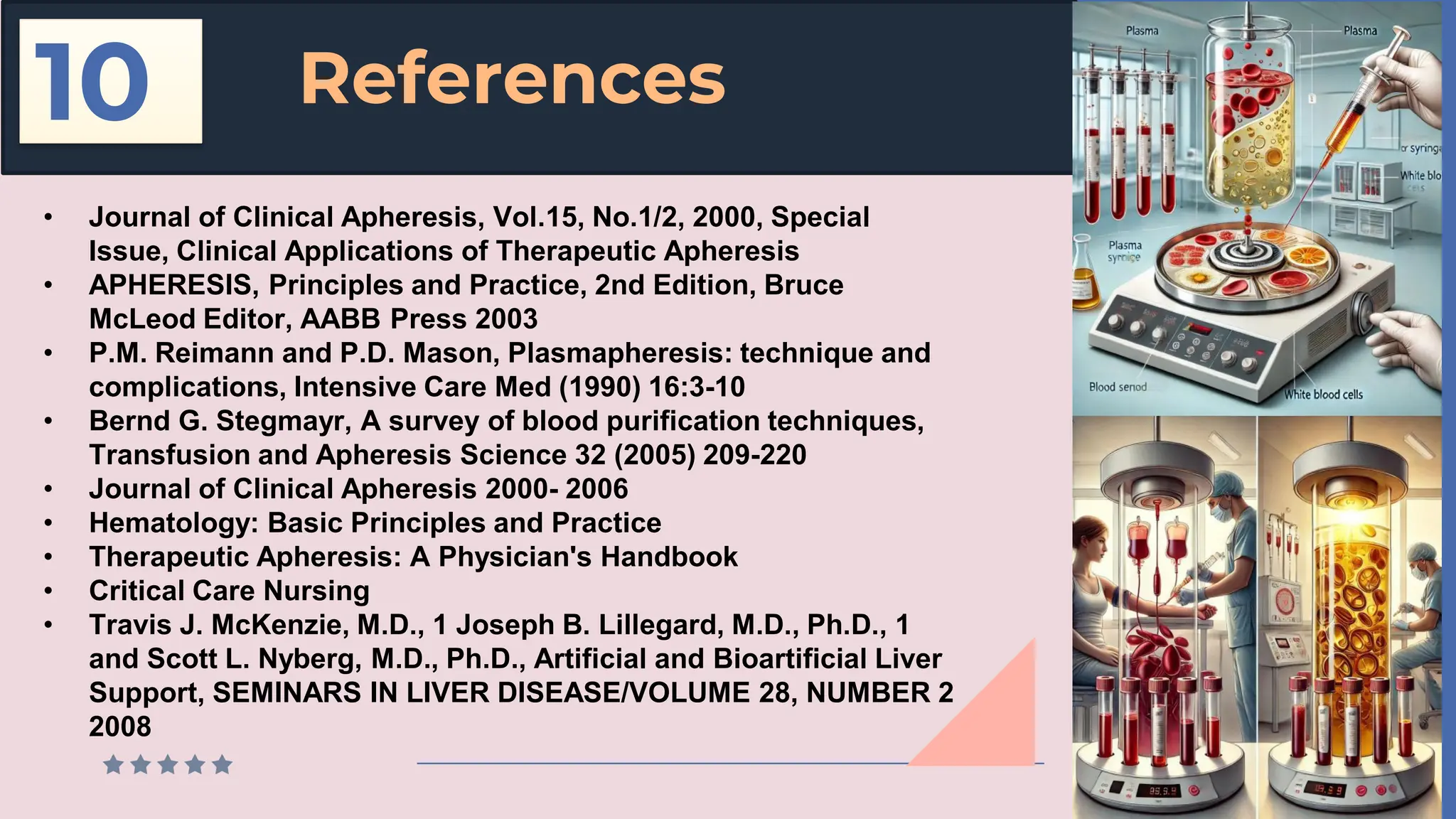 References
10
• Journal of Clinical Apheresis, Vol.15, No.1/2, 2000, Special
Issue, Clinical Applications of Therapeutic Apheresis
• APHERESIS, Principles and Practice, 2nd Edition, Bruce
McLeod Editor, AABB Press 2003
• P.M. Reimann and P.D. Mason, Plasmapheresis: technique and
complications, Intensive Care Med (1990) 16:3-10
• Bernd G. Stegmayr, A survey of blood purification techniques,
Transfusion and Apheresis Science 32 (2005) 209-220
• Journal of Clinical Apheresis 2000- 2006
• Hematology: Basic Principles and Practice
• Therapeutic Apheresis: A Physician's Handbook
• Critical Care Nursing
• Travis J. McKenzie, M.D., 1 Joseph B. Lillegard, M.D., Ph.D., 1
and Scott L. Nyberg, M.D., Ph.D., Artificial and Bioartificial Liver
Support, SEMINARS IN LIVER DISEASE/VOLUME 28, NUMBER 2
2008
 