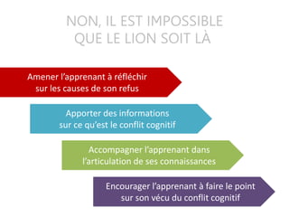 NON, IL EST IMPOSSIBLE
QUE LE LION SOIT LÀ
Amener l’apprenant à réfléchir
sur les causes de son refus
Apporter des informations
sur ce qu’est le conflit cognitif
Accompagner l’apprenant dans
l’articulation de ses connaissances
Encourager l’apprenant à faire le point
sur son vécu du conflit cognitif
 
