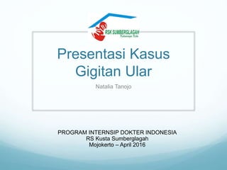 Presentasi Kasus
Gigitan Ular
Natalia Tanojo
PROGRAM INTERNSIP DOKTER INDONESIA
RS Kusta Sumberglagah
Mojokerto – April 2016
 