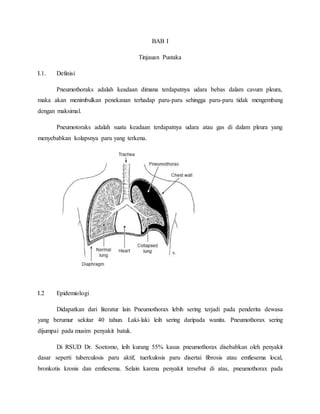 BAB I
Tinjauan Pustaka
I.1. Definisi
Pneumothoraks adalah keadaan dimana terdapatnya udara bebas dalam cavum pleura,
maka akan menimbulkan penekanan terhadap paru-paru sehingga paru-paru tidak mengembang
dengan maksimal.
Pneumotoraks adalah suatu keadaan terdapatnya udara atau gas di dalam pleura yang
menyebabkan kolapsnya paru yang terkena.
I.2 Epidemiologi
Didapatkan dari literatur lain Pneumothorax lebih sering terjadi pada penderita dewasa
yang berumur sekitar 40 tahun. Laki-laki leih sering daripada wanita. Pneumothorax sering
dijumpai pada musim penyakit batuk.
Di RSUD Dr. Soetomo, leih kurang 55% kasus pneumothorax disebabkan oleh penyakit
dasar seperti tuberculosis paru aktif, tuerkulosis paru disertai fibrosis atau emfiesema local,
bronkotis kronis dan emfiesema. Selain karena penyakit tersebut di atas, pneumothorax pada
 