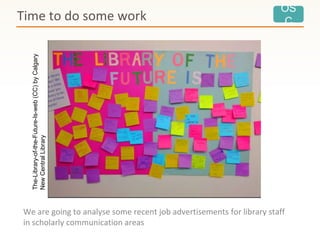 OS
C
We are going to analyse some recent job advertisements for library staff
in scholarly communication areas
Time to do some work
The-Library-of-the-Future-Is-web(CC)byCalgary
NewCentralLibrary
 