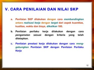 V. CARA PENILAIAN DAN NILAI SKP
a.

Penilaian SKP dilakukan dengan cara membandingkan
antara realisasi kerja dengan target dari aspek kuantitas,
kualitas, waktu dan biaya, dikalikan 100.

b.

Penilaian perilaku kerja dilakukan dengan
pengamatan sesuai dengan kriteria yang
ditetapkan.

c.

Penilaian prestasi kerja dilakukan dengan cara menggabungkan Penilaian SKP dengan Penilaian Perilaku
Kerja

cara
telah

12

 
