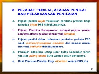 X. PEJABAT PENILAI, ATASAN PENILAI
DAN PELAKSANAAN PENILAIAN
a.

Pejabat penilai wajib melakukan penilaian prestasi kerja
terhadap setiap PNS dilingkungannya.

b.

Pejabat Pembina Kepegawaian sebagai pejabat penilai
dan/atau atasan pejabat penilai yang tertinggi.

c.

Pejabat penilai dalam melakukan penilaian perilaku PNS
wajib mempertimbangkan masukan dari pejabat penilai
lain yang setingkat dilingkungannya.

d.

Penilaian dilakukan setiap akhir bulan Desember tahun
ybs atau paling lambat akhir Januari tahun berikutnya.

e.

Hasil Penilaian Prestasi Kerja diberikan kepada PNS ybs.
21

 