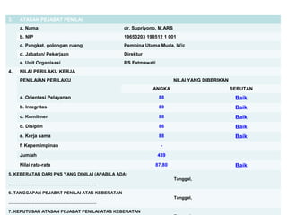3.

ATASAN PEJABAT PENILAI
a. Nama
b. NIP

19650203 198512 1 001

c. Pangkat, golongan ruang

Pembina Utama Muda, IV/c

d. Jabatan/ Pekerjaan

Direktur

e. Unit Organisasi
4.

dr. Supriyono, M.ARS

RS Fatmawati

NILAI PERILAKU KERJA
PENILAIAN PERILAKU

NILAI YANG DIBERIKAN
ANGKA

SEBUTAN

a. Orientasi Pelayanan

88

Baik

b. Integritas

89

Baik

c. Komitmen

88

Baik

d. Disiplin

86

Baik

e. Kerja sama

88

Baik

f. Kepemimpinan
Jumlah
Nilai rata-rata

439

Baik

87,80

5. KEBERATAN DARI PNS YANG DINILAI (APABILA ADA)
……………………………………………………
6. TANGGAPAN PEJABAT PENILAI ATAS KEBERATAN
……………………………………………………
7. KEPUTUSAN ATASAN PEJABAT PENILAI ATAS KEBERATAN

Tanggal,

Tanggal,

 