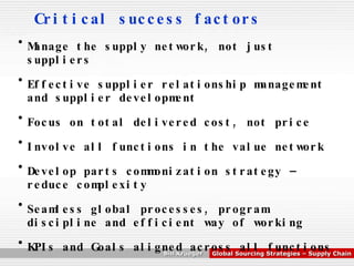 Critical success factors Manage the supply network, not just suppliers Effective supplier relationship management and supplier development Focus on total delivered cost, not price Involve all functions in the value network Develop parts commonization strategy – reduce complexity Seamless global processes, program discipline and efficient way of working KPIs and Goals aligned across all functions 