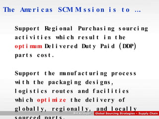 The Americas SCM Mission is to …. Support Regional Purchasing sourcing activities which result in the  optimum  Delivered Duty Paid (DDP) parts cost.  Support the manufacturing process with the packaging designs, logistics routes and facilities which  optimize  the delivery of globally, regionally, and locally sourced parts. 