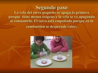 Segundo paso La vela del tarro pequeño se apaga la primera porque  tiene menos oxígeno y la vela se va apagando al consumirlo. El tarro está empañado porque en la combustión se desprende calor . 