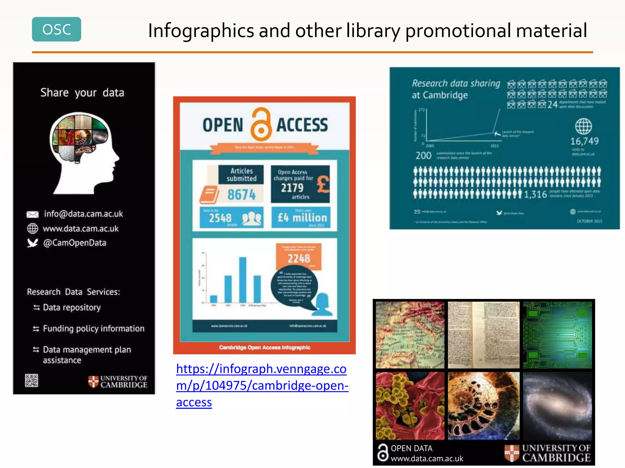 OSC Infographics and other library promotional material
https://infograph.venngage.co
m/p/104975/cambridge-open-
access
 