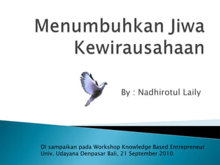 By : Nadhirotul Laily




Di sampaikan pada Workshop Knowledge Based Entrepreneur
Univ. Udayana Denpasar Bali, 21 September 2010
 