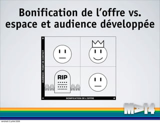 Bonification de l’offre vs.
     espace et audience développée
                           +
                          AUDIENCE / POINT DE CONTACT




                                                        RIP


                             –                            BONIFICATION DE L’OFFRE   +




vendredi 3 juillet 2009
 