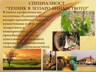 СПЕЦИАЛНОСТ  “ ТЕХНИК В ЛОЗАРО-ВИНАРСТВОТО” В своята професионална подготовка бъдещите лозаро-винари придобиват знания и компетенции в областта на лозарството и винопроизводството, придобиват умения за използване на най-новите съоръжения и екологични технологии в производството. 