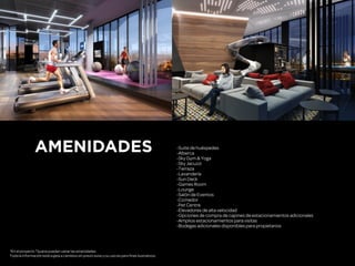 -Suite de huéspedes
-Alberca
-Sky Gym & Yoga
-Sky Jacuzzi
-Terraza
-Lavandería
-Sun Deck
-Games Room
-Lounge
-Salón de Eventos
-Comedor
-Pet Centre
-Elevadores de alta velocidad
-Opciones de compra de cajones de estacionamientos adicionales
-Amplios estacionamientos para visitas
-Bodegas adicionales disponibles para propietarios
*En el proyecto Tijuana pueden variar las amenidades
Toda la información está sujeta a cambios sin previo aviso y su uso es para fines ilustrativos.
AMENIDADES
 