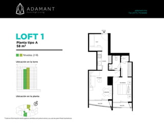 LOFT 1
Planta tipo A
58 m2
Niveles 2-16
Toda la información está sujeta a cambios sin previo aviso y su uso es para fines ilustrativos.
adamant.mx 
Tel. (477) 713 6666
Ubicación en la torre
Ubicación en la planta
 
