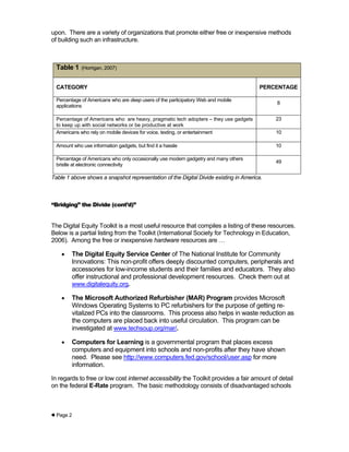 upon. There are a variety of organizations that promote either free or inexpensive methods
of building such an infrastructure.



  Table 1    (Horrigan, 2007)


  CATEGORY                                                                            PERCENTAGE

  Percentage of Americans who are deep users of the participatory Web and mobile
                                                                                           8
  applications

  Percentage of Americans who are heavy, pragmatic tech adopters – they use gadgets        23
  to keep up with social networks or be productive at work
  Americans who rely on mobile devices for voice, texting, or entertainment                10

  Amount who use information gadgets, but find it a hassle                                 10

  Percentage of Americans who only occasionally use modern gadgetry and many others
                                                                                           49
  bristle at electronic connectivity

Table 1 above shows a snapshot representation of the Digital Divide existing in America.



“Bridging” the Divide (cont’d)”


The Digital Equity Toolkit is a most useful resource that compiles a listing of these resources.
Below is a partial listing from the Toolkit (International Society for Technology in Education,
2006). Among the free or inexpensive hardware resources are …

        The Digital Equity Service Center of The National Institute for Community
         Innovations: This non-profit offers deeply discounted computers, peripherals and
         accessories for low-income students and their families and educators. They also
         offer instructional and professional development resources. Check them out at
         www.digitalequity.org.

        The Microsoft Authorized Refurbisher (MAR) Program provides Microsoft
         Windows Operating Systems to PC refurbishers for the purpose of getting re-
         vitalized PCs into the classrooms. This process also helps in waste reduction as
         the computers are placed back into useful circulation. This program can be
         investigated at www.techsoup.org/mar/.

        Computers for Learning is a governmental program that places excess
         computers and equipment into schools and non-profits after they have shown
         need. Please see http://www.computers.fed.gov/school/user.asp for more
         information.

In regards to free or low cost internet accessibility the Toolkit provides a fair amount of detail
on the federal E-Rate program. The basic methodology consists of disadvantaged schools



 Page 2
 