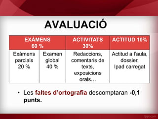 AVALUACIÓ
EXÀMENS
60 %
ACTIVITATS
30%
ACTITUD 10%
Exàmens
parcials
20 %
Examen
global
40 %
Redaccions,
comentaris de
texts,
exposicions
orals…
Actitud a l’aula,
dossier,
Ipad carregat
• Les faltes d’ortografia descomptaran -0,1
punts.
 