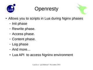 Lua & co - @LDuboeuf - Novembre 2016
Openresty
● Allows you to scripts in Lua during Nginx phases
– Init phase
– Rewrite phase.
– Access phase.
– Content phase.
– Log phase
– And more…
● Lua API to access Ngninx environment
 