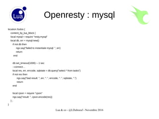 Lua & co - @LDuboeuf - Novembre 2016
Openresty : mysql
location /todos {
content_by_lua_block {
local mysql = require "resty.mysql"
local db, err = mysql:new()
if not db then
ngx.say("failed to instantiate mysql: ", err)
return
end
db:set_timeout(1000) -- 1 sec
--connect…
local res, err, errcode, sqlstate = db:query("select * from tasks")
if not res then
ngx.say("bad result: ", err, ": ", errcode, ": ", sqlstate, ".")
return
end
local cjson = require "cjson"
ngx.say("result: ", cjson.encode(res))
} ;
}
 